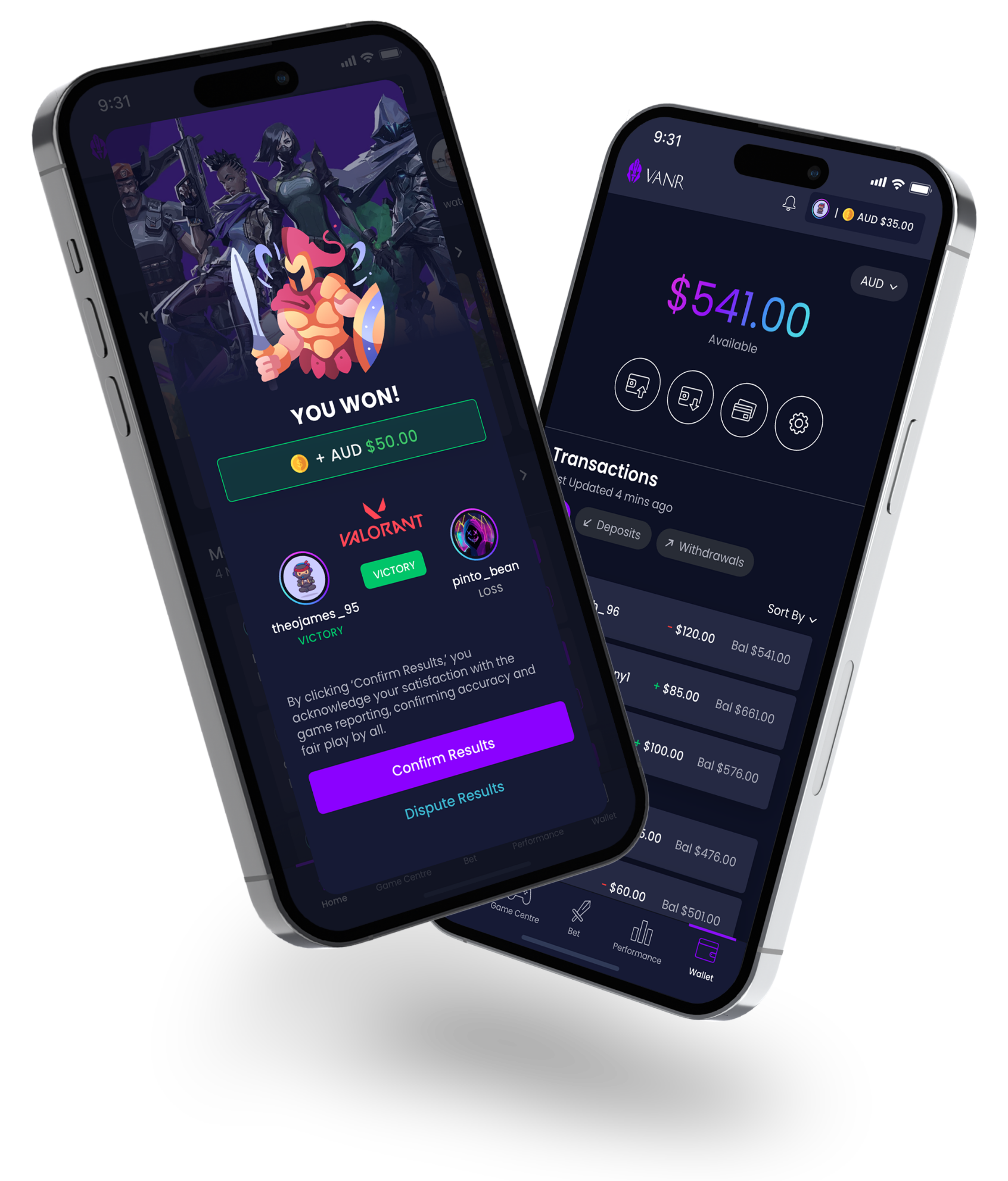 Vanr instant payout screen after winning a wager