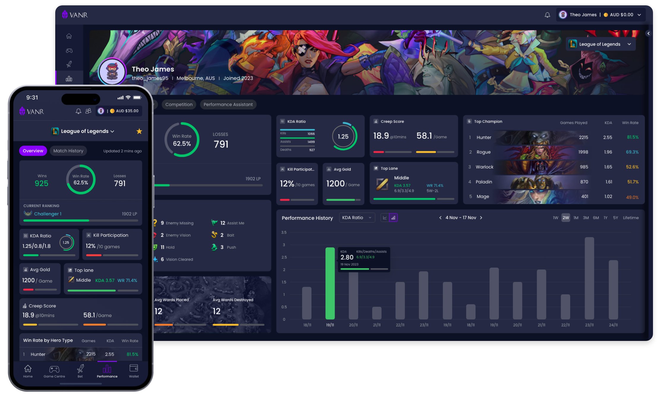Vanr Performance Centre showing win rate and match stats